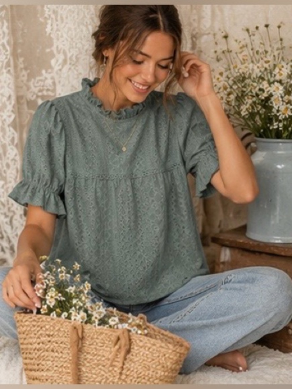 ELINGS Sage Green Cottagecore Lace Textured Blouse | Ruffle Neck Puff Sleeve | S